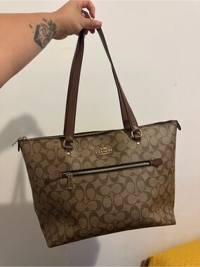 Coach Signature Monogram Tote in Brown and Tan